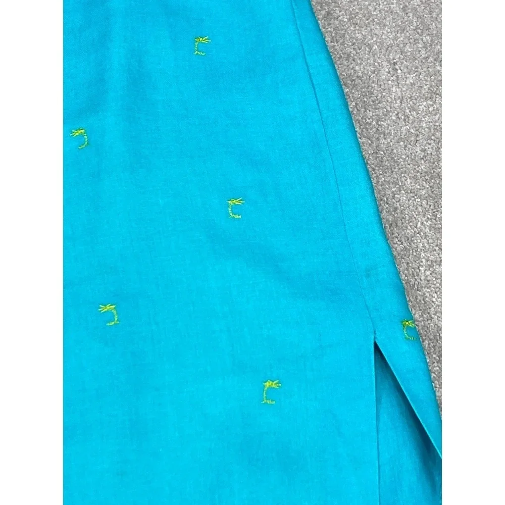 David Brooks VTG Linen Embroidered Midi Skirt Womens 14 Blue Summer Coastal Chic